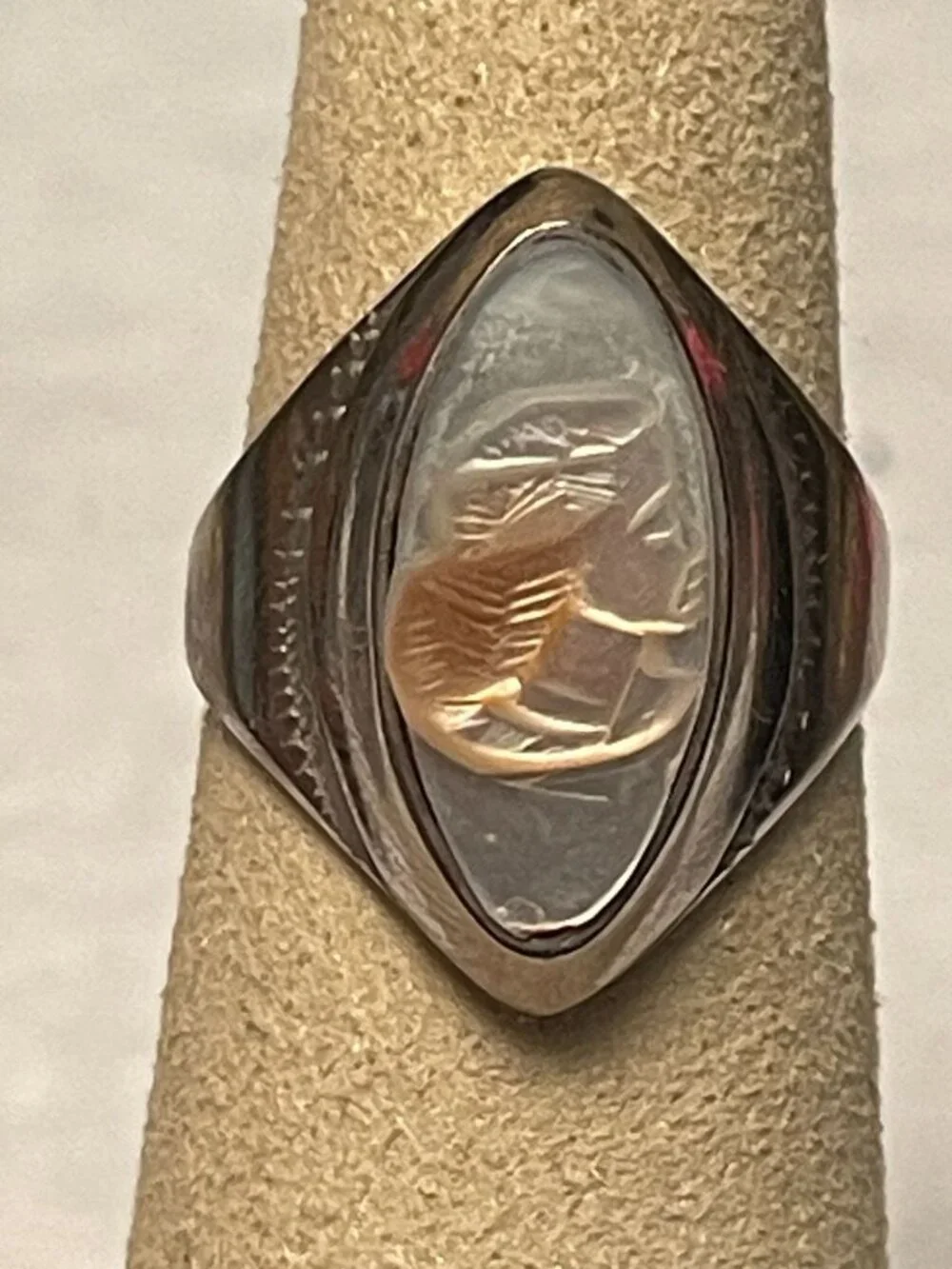 Vintage Silver Signet Ring With Carved Hardstone Intaglio Cameo Woman Right Faci